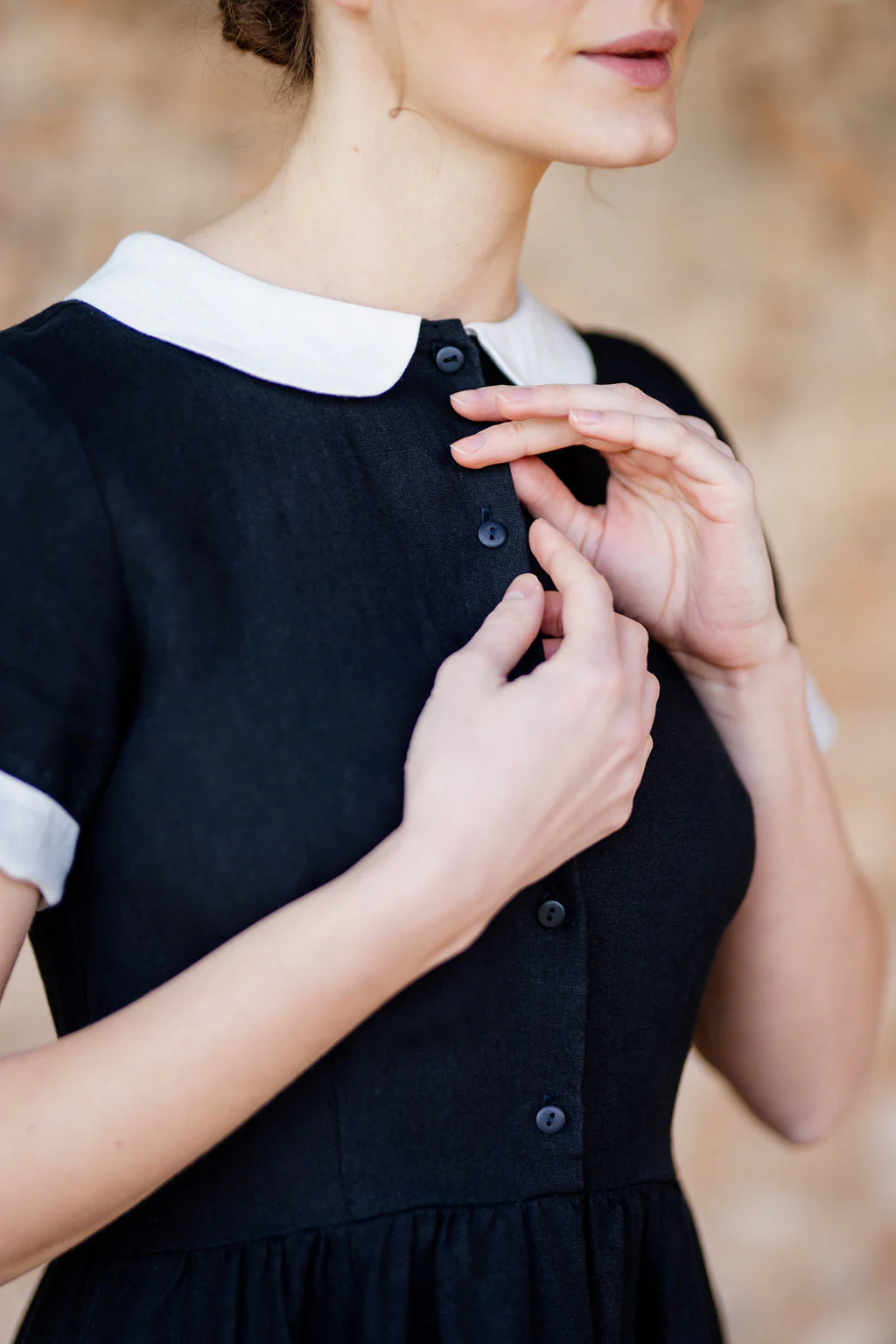 Classic – Short Sleeve Peter Pan Collar Linen Dress - Image 27