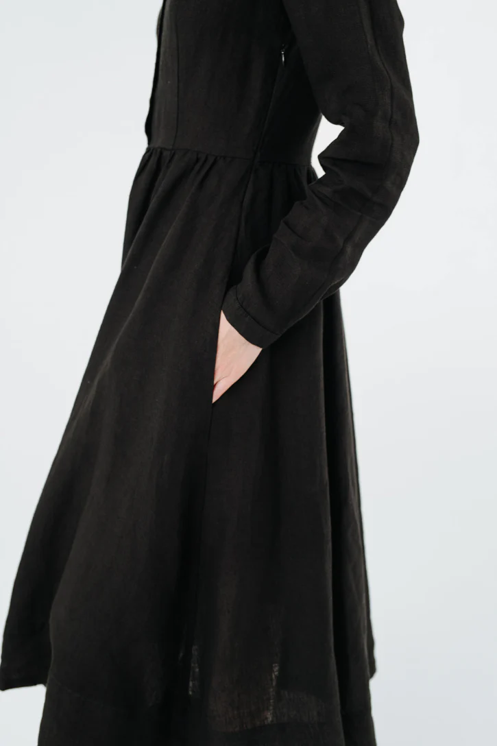 Classic Dress with Embroidered Golden Fields Collar, Long Sleeve - Image 3