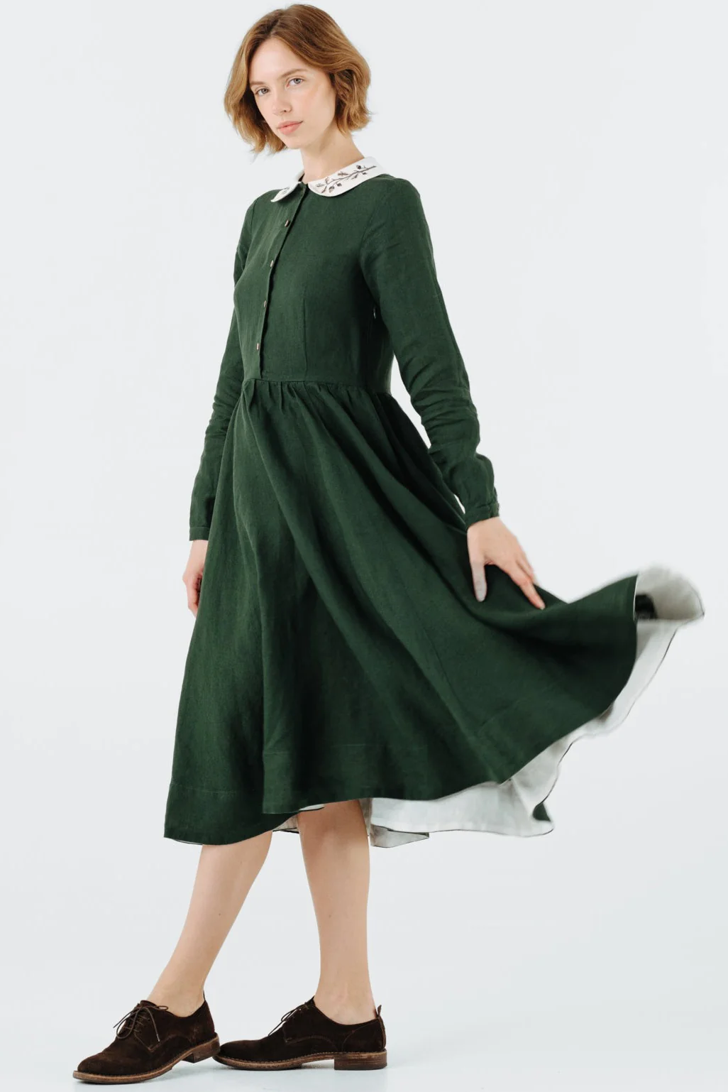 Classic Dress with Embroidered Hazelnut Collar, Long Sleeve - Image 7