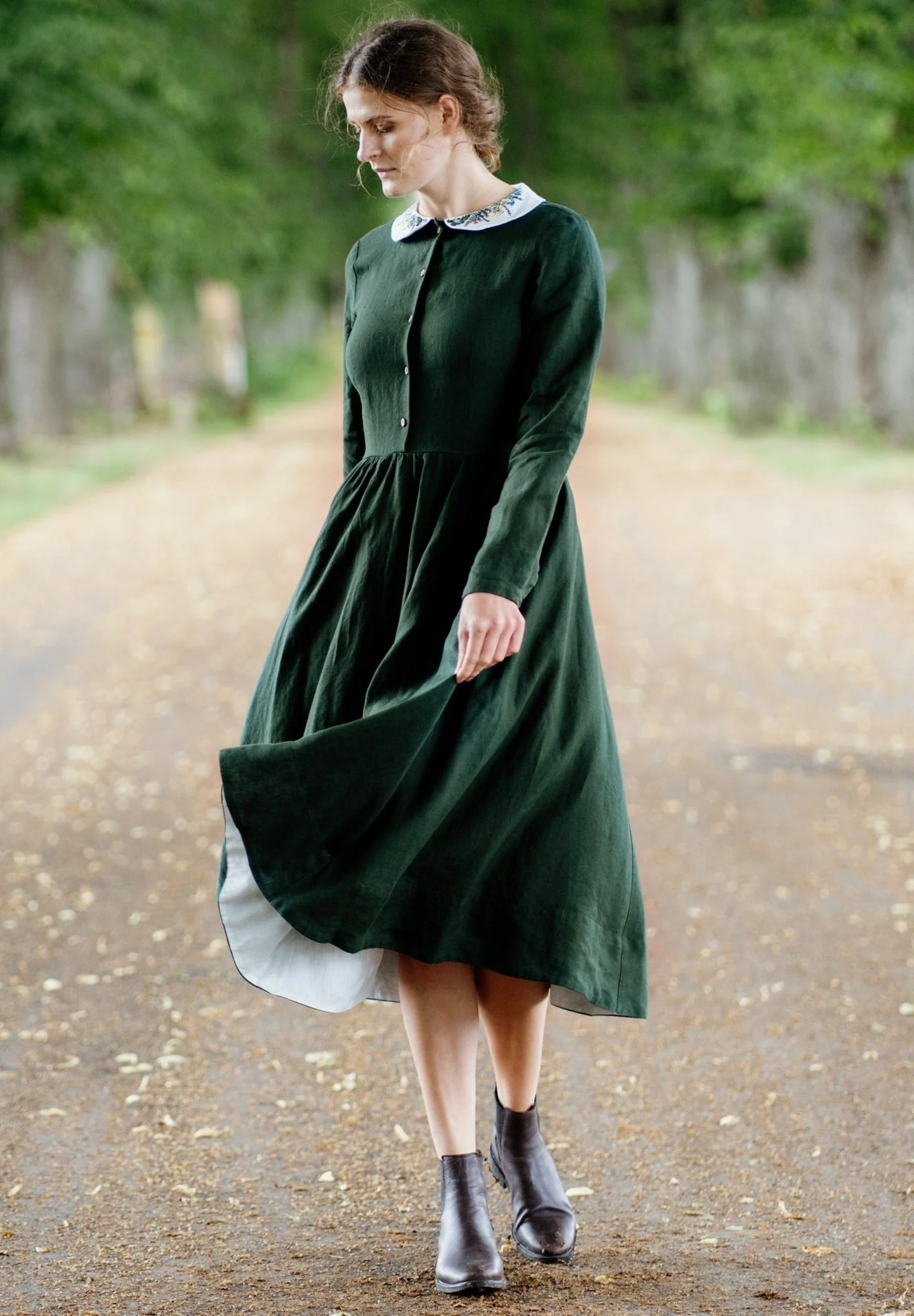 Classic Dress with Embroidered Meadow Collar, Long Sleeve - Image 6
