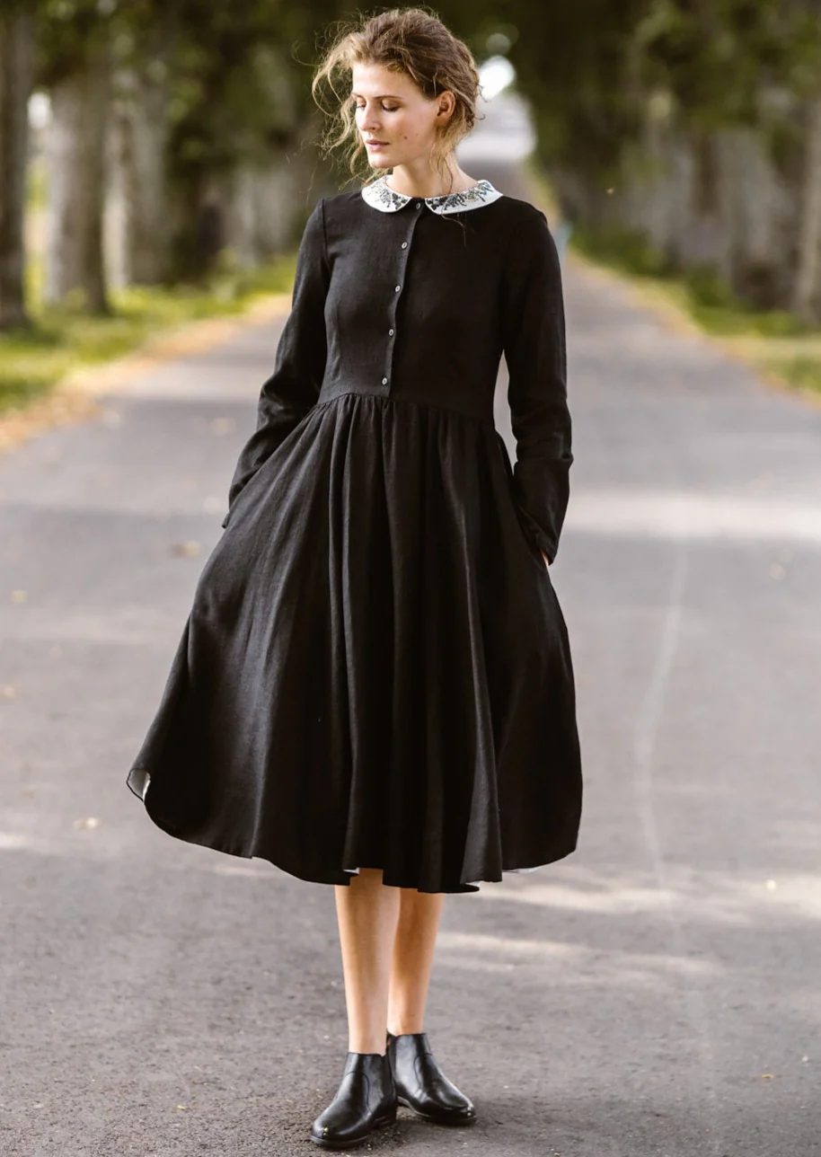 Classic Dress with Embroidered Meadow Collar, Long Sleeve - Image 3