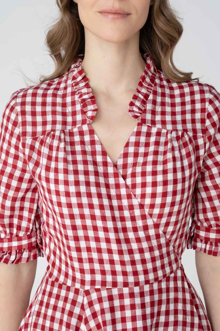 Darcy – Short Sleeve Ruffled V-Neckline Linen Wrap Dress - Image 4