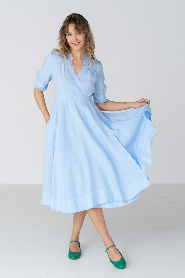 Darcy – Short Sleeve Ruffled V-Neckline Linen Wrap Dress - Image 10