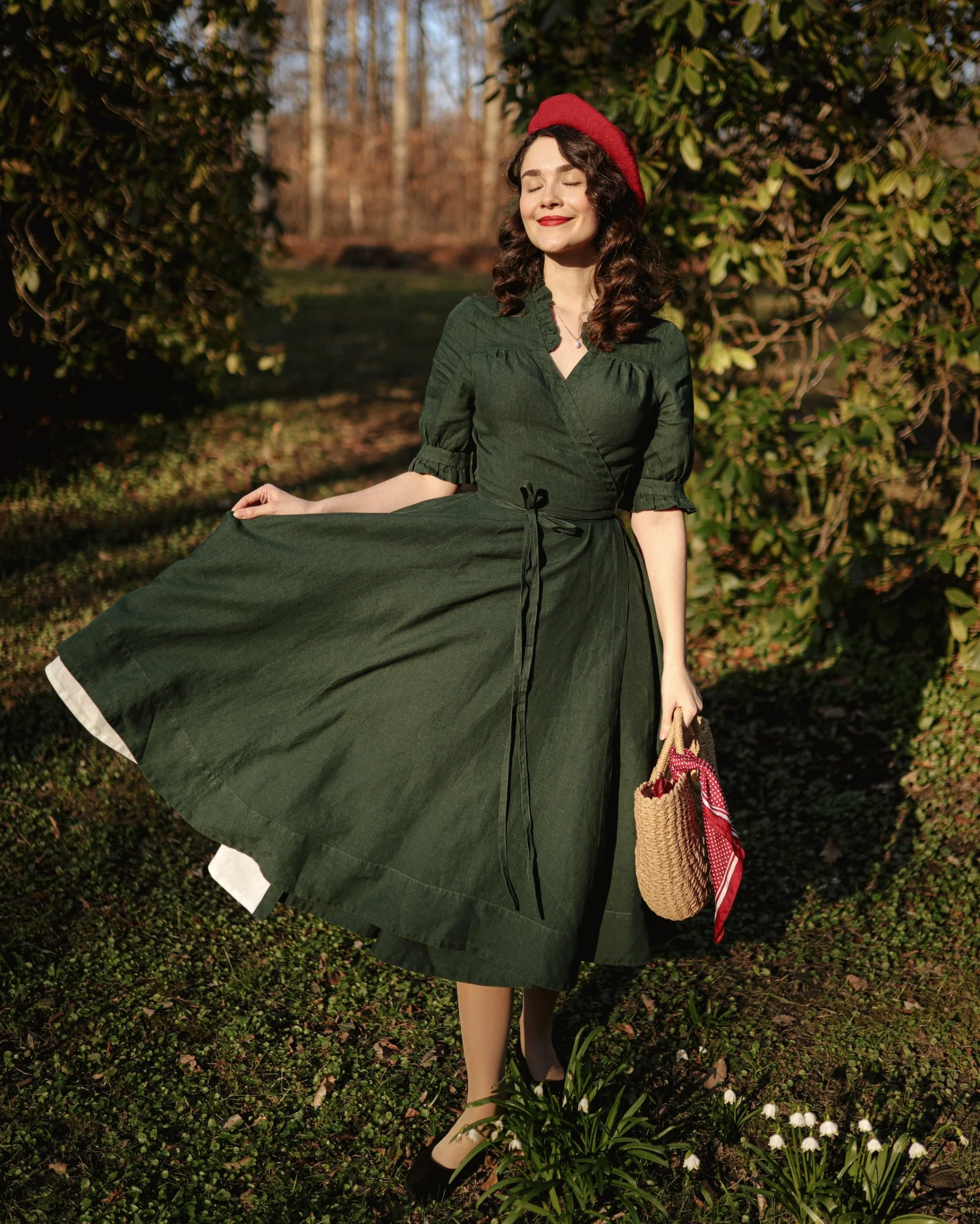 Darcy – Short Sleeve Ruffled V-Neckline Linen Wrap Dress - Image 24