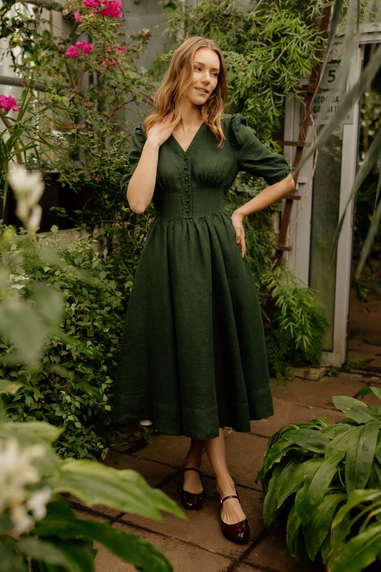 Diane – Puff Sleeve Linen Midi Dress - Image 25