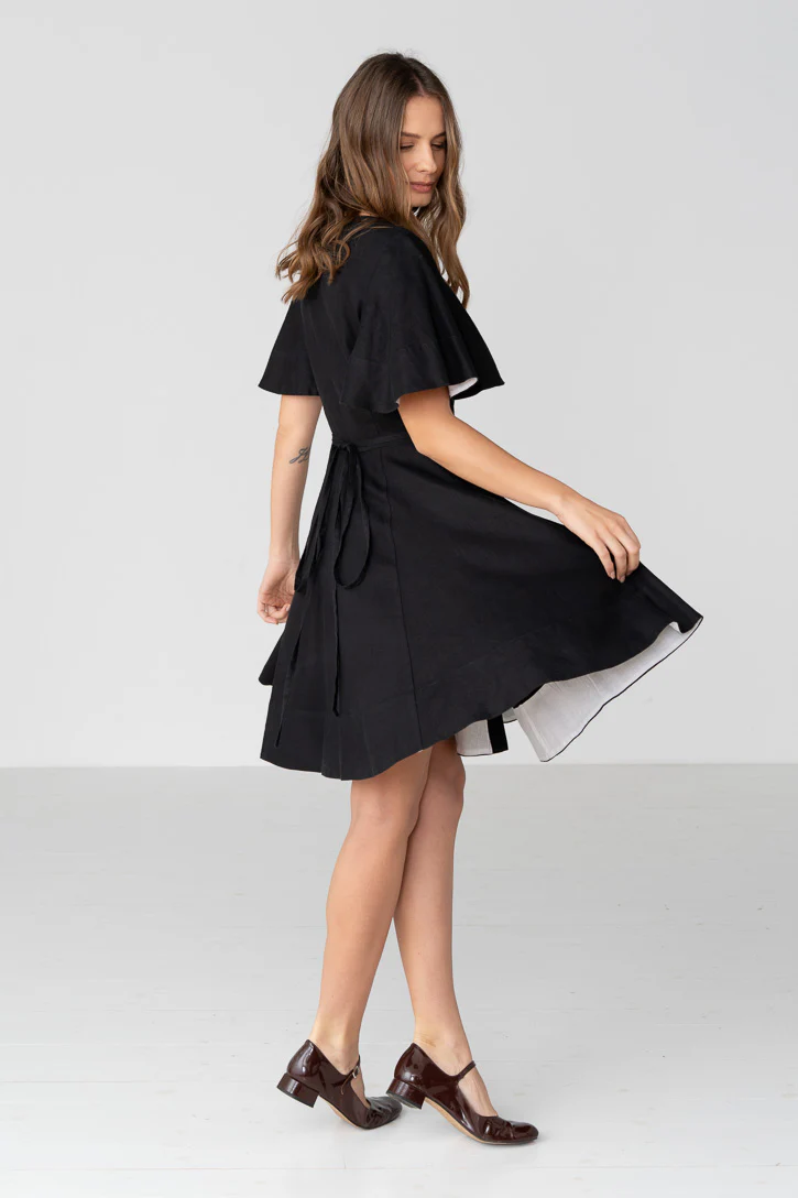 Wrap – Mini Linen Wrap Dress with Butterfly Sleeves - Image 23