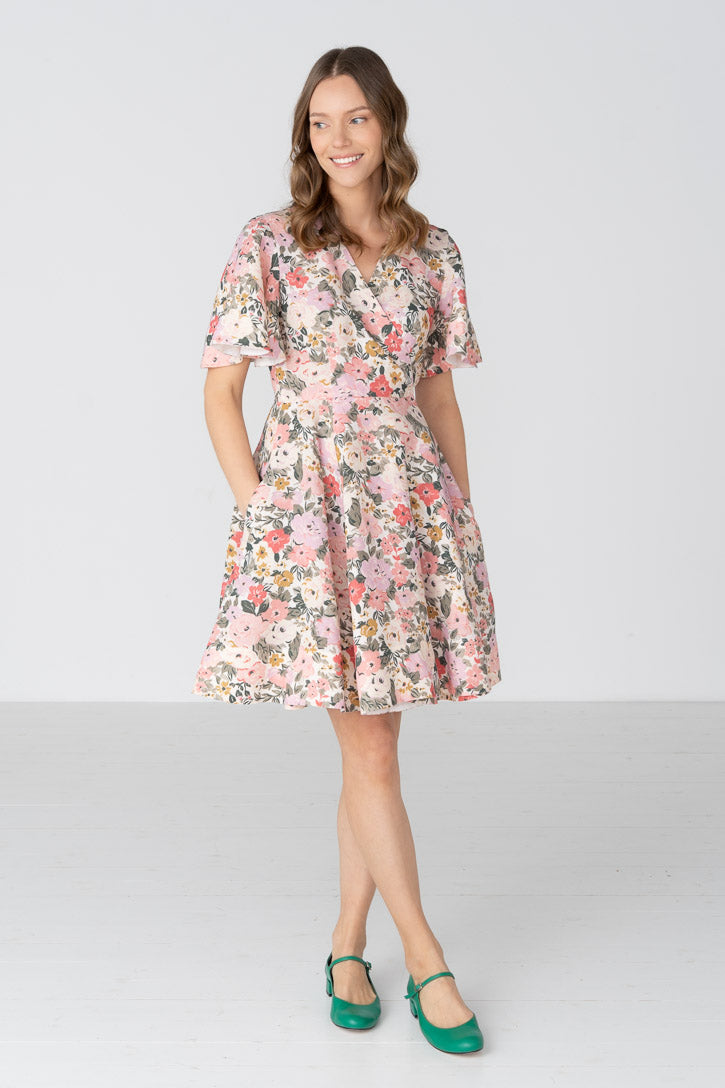 Wrap – Mini Linen Wrap Dress with Butterfly Sleeves - Image 9