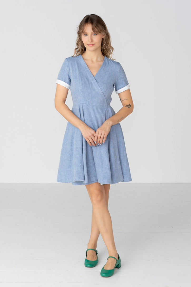 Wrap - Mini Linen Dress with Short Sleeves - Image 5