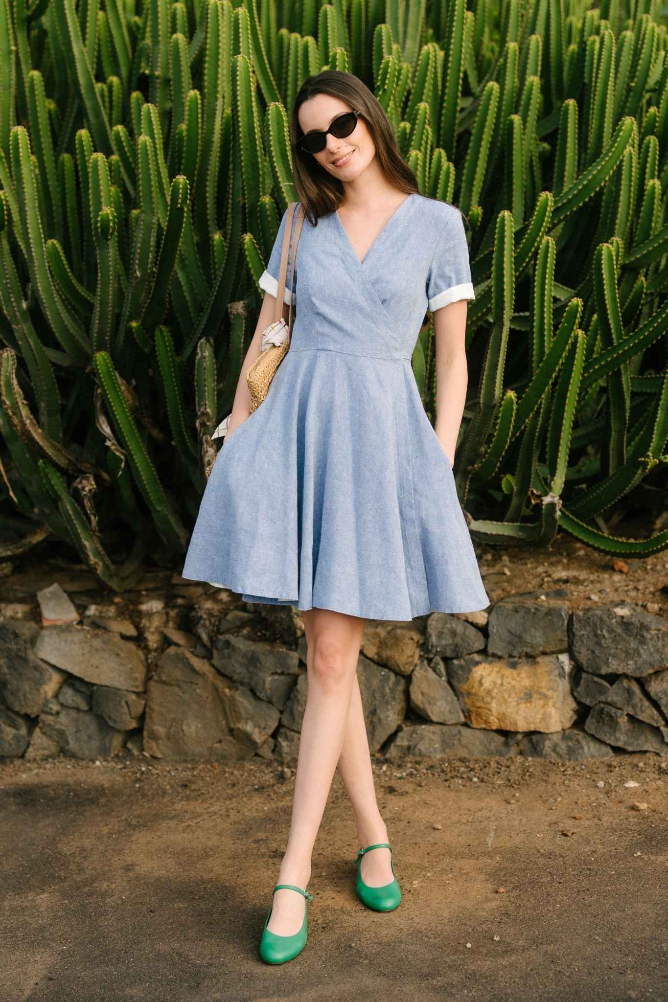 Wrap - Mini Linen Dress with Short Sleeves - Image 8