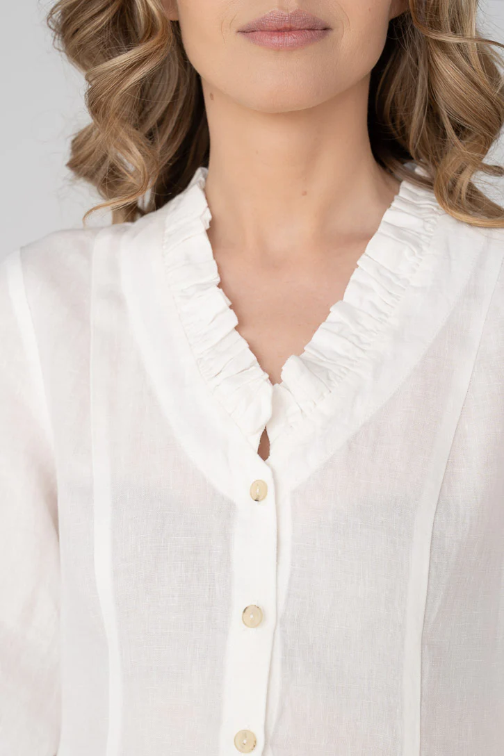 Ophelia – Puff Sleeve Ruffled V-Neck Linen Midi Dress - Image 3