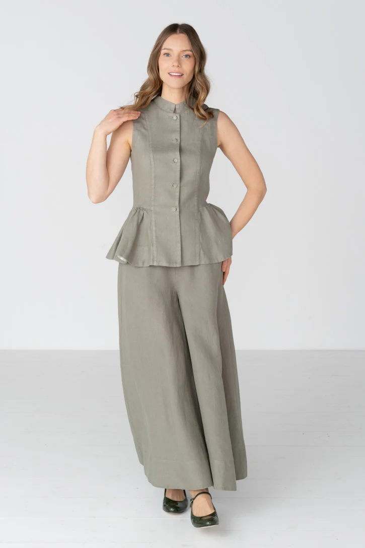 Peplum – Twill Linen Vest with Mandarin Collar - Image 8