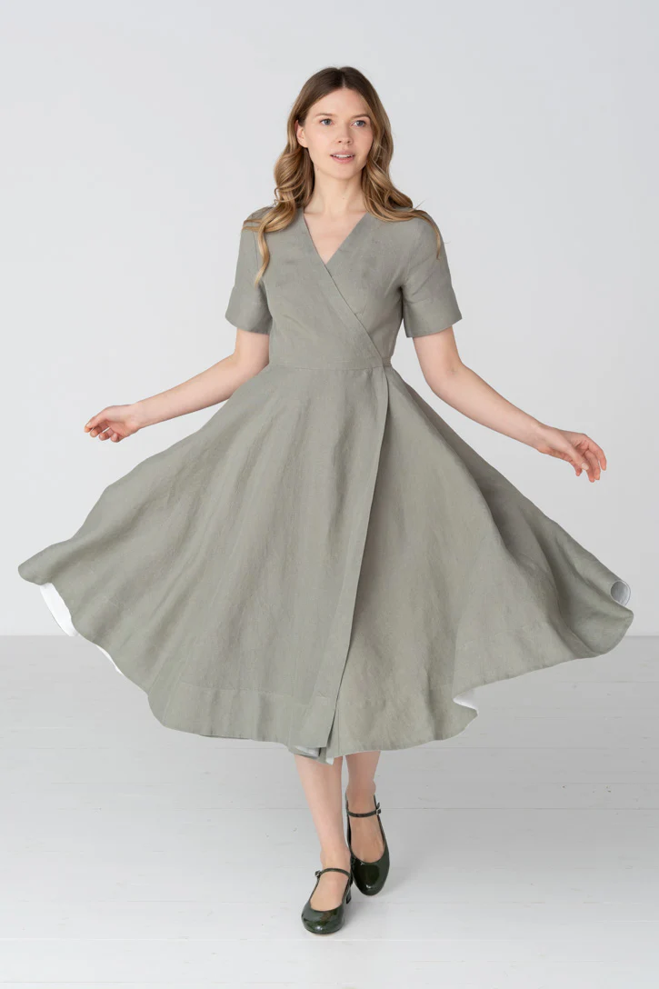 Wrap – Linen Wrap Dress with Short Sleeves - Image 15